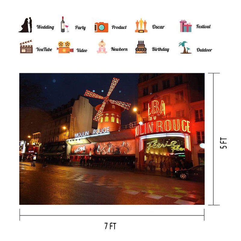 PHMOJEN Paris Moulin Rouge Backdrop 7x5ft Night Street Scenery Photography Background Studio Props LYPH781 - Image 2